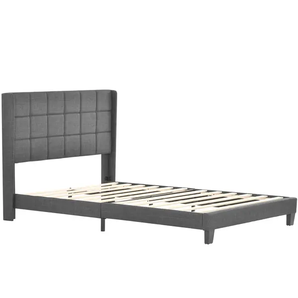 Pat dublu cu tăblie tapițată și somieră cu lamele, design elegant din in, fără saltea, 140x200 cm, Gri