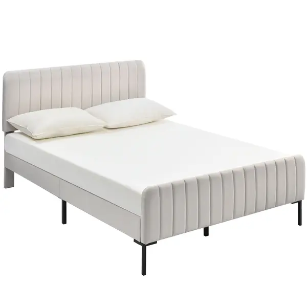 Pat dublu tapițat din țesătură de in 160x200 cm, cu tăblie reglabilă și somieră cu lamele, fără saltea, Gri+Bej