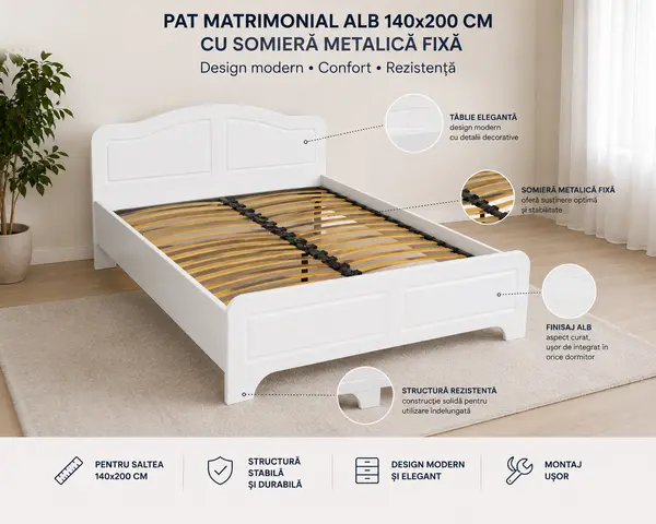 Pat Matrimonial Alb 140x200 cm cu Somiera Metalica Fixa