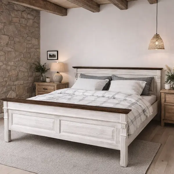 Pat matrimonial Armonia - 160x200 cm - din lemn masiv de brad Alb