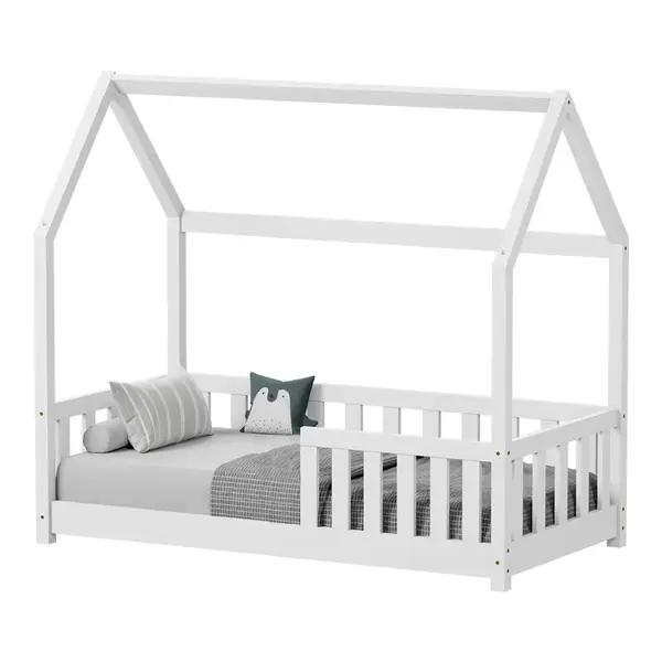Pat pentru copii Bambie cu balustrada Montessori din lemn de pin alb 70x140cm Patt Bambie cu balustradă Montessori din lemn de pin alb, 70x140cm