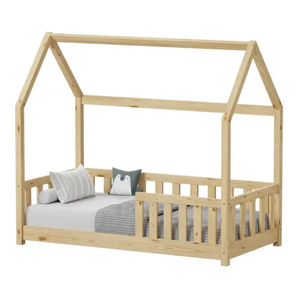 Pat pentru copii Bambie cu balustrada Montessori Pakoworld din lemn de pin nuanta naturala 70x140cm Pătuț pentru copii Bambie cu balustradă Montessori pakoworld din lemn de pin, nuanță naturală 70x140cm