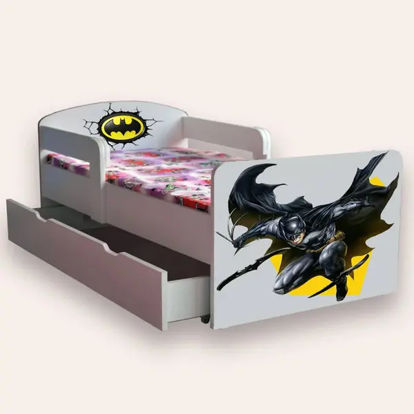 Pat pentru copii Batman, cu manere si sertar, 2-8 ani, 140x70 cm