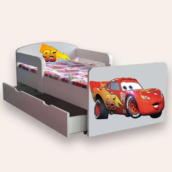 Pat pentru copii Fulger Mcqueen cu manere, sertar si saltea, 2-12 ani, 160x80 cm