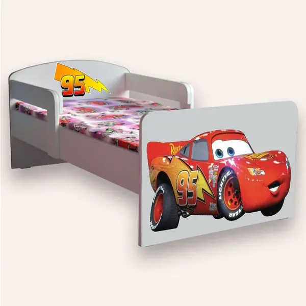 Pat pentru copii Fulger Mcqueen cu manere si saltea, 2-8 ani, 140x70 cm