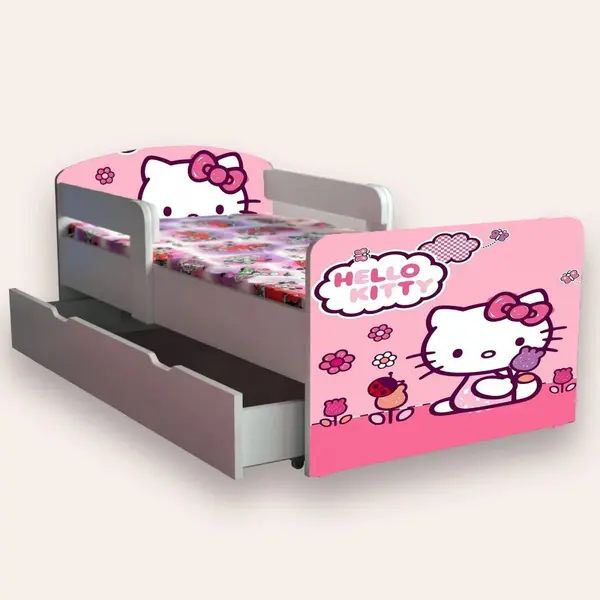 Pat pentru copii Hello Kitty cu manere si sertar, 2-8 ani, 140x70 cm