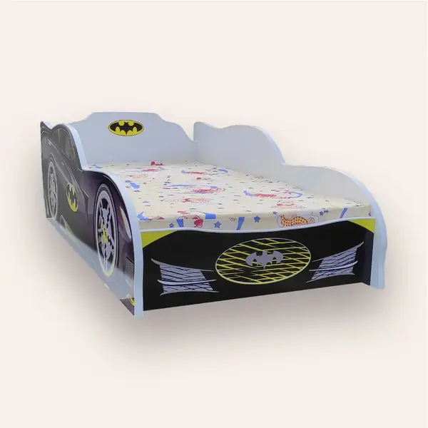 Pat pentru copii masina Batman Alb cu saltea, 2-8 ani, 140x70 cm