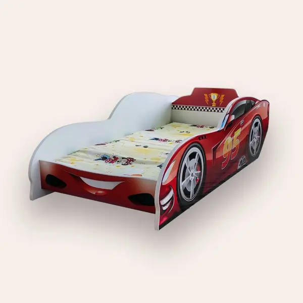 Pat pentru copii masina Fulger McQueen Alb cu saltea, 2-8 ani, 140x70 cm