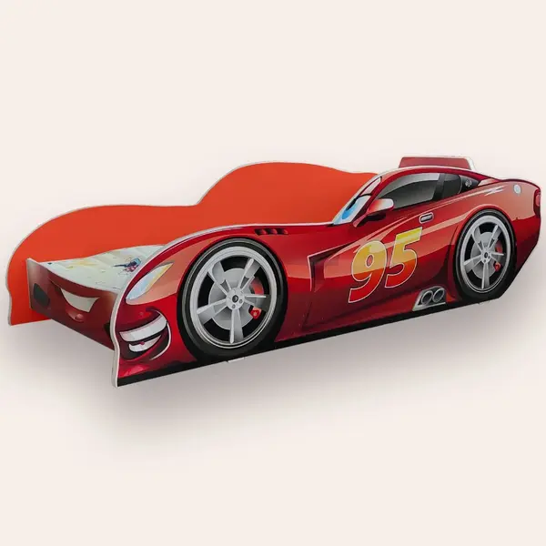 Pat pentru copii masina Fulger McQueen Rosu, cu saltea, 2-8 ani, 140x70 cm