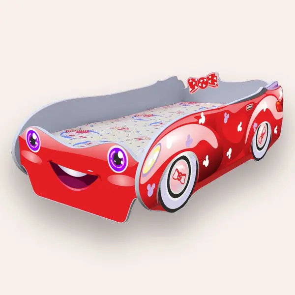 Pat pentru copii masina Minnie Alb cu saltea, 2-8 ani, 140x70 cm