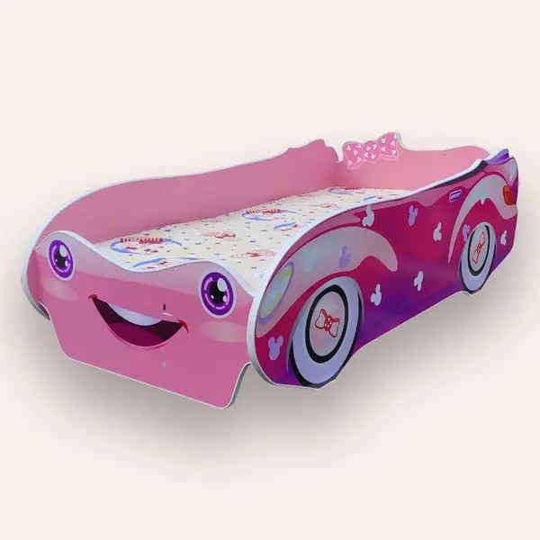 Pat pentru copii masina Minnie Roz cu saltea, 2-8 ani, 140x70 cm
