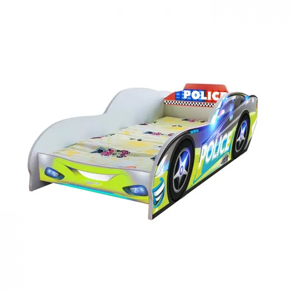 Pat pentru copii masina Police cu saltea, 2-12 ani, 160x80 cm
