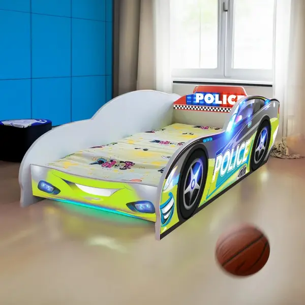 Pat pentru copii masina Police cu saltea, 2-8 ani, 140x70 cm