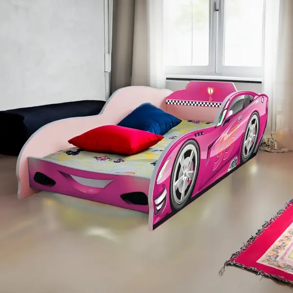 Pat pentru copii masina Turbo Speed 95 Roz cu saltea, 2-8 ani, 140x70 cm