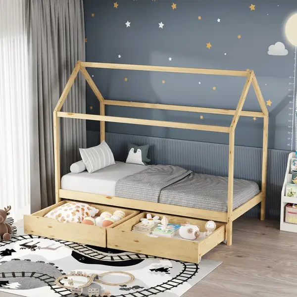 Pat pentru copii Mellin de tip Montessori cu 2 sertare Pakoworld din lemn de pin nuanta naturala 90x190cm Pătuț pentru copii tip Montessori Mellin cu 2 sertare din lemn de pin pakoworld, nuanță naturală, 90x190 cm.