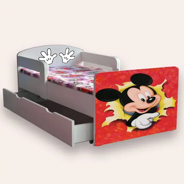 Pat pentru copii Mickey Mouse cu manere si sertar, 2-8 ani, 140x70 cm