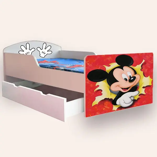 Pat pentru copii Mickey Mouse cu sertar, 2-8 ani, 140x70 cm