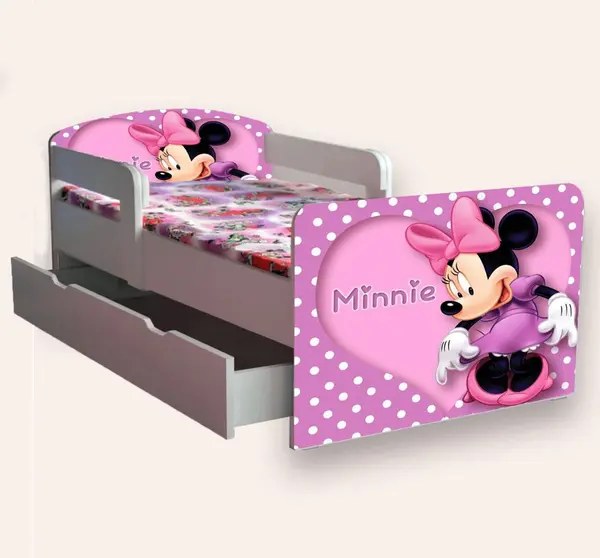 Pat pentru copii Minnie Mouse varianta 2 cu manere si sertar, 2-12 ani, 160x80 cm