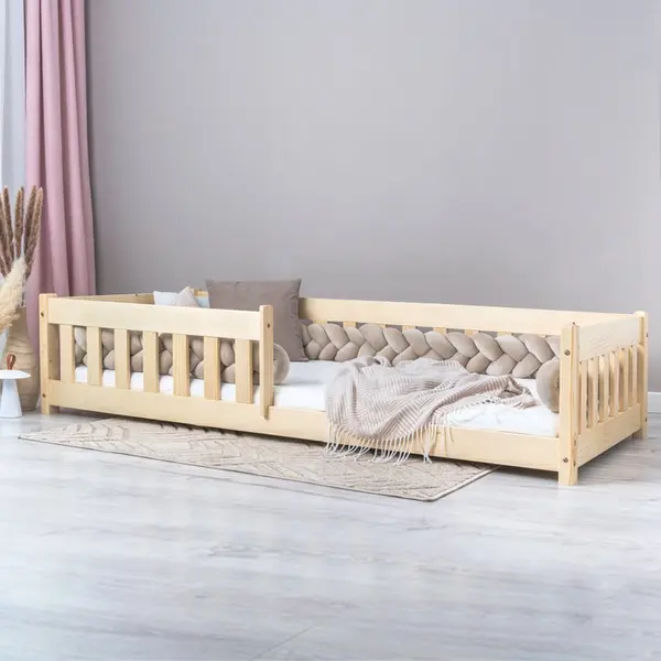 Pat pentru copii Montessori cu balustrada, Little Amy, Charlie, balustrade cu bare plate, Natur, 90 x 200 cm