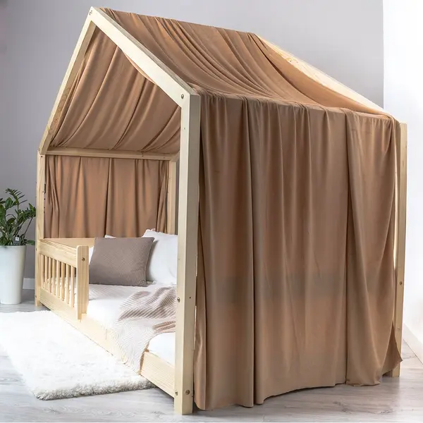 Pat pentru copii Montessori tip casuta, LittleAmy, Cozi Cottage, balustrade cu bare rotunde, Natur, 100x180 cm