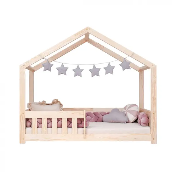 Pat pentru copii Montessori tip casuta, LittleAmy, Cozi Cottage, balustrade cu bare plate, Natur, 100 x 200 cm