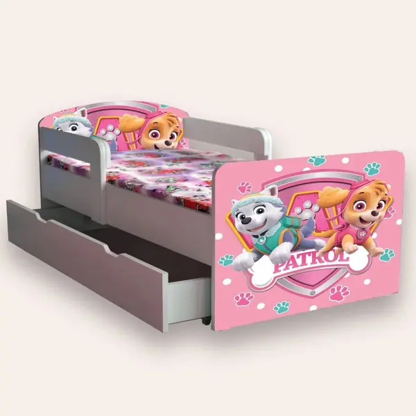 Pat pentru copii Paw Patrol cu manere si sertar, 2-8 ani, 140x70 cm