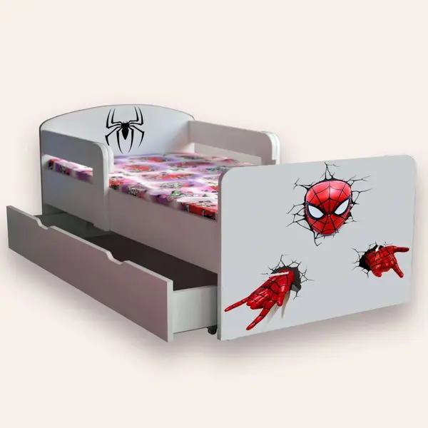 Pat pentru copii Spider Man cu manere, sertar si saltea, 2-12 ani, 160x80 cm