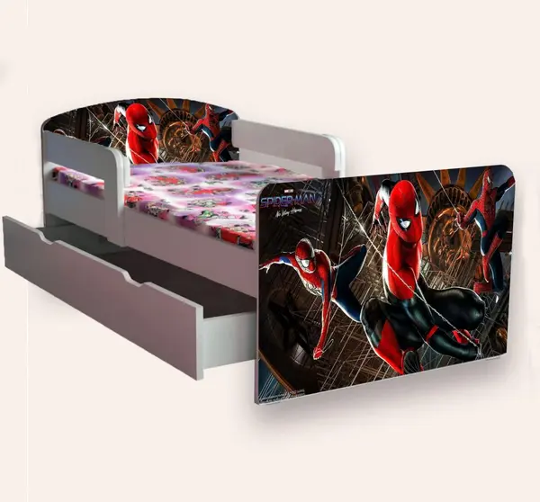 Pat pentru copii Spider Man varianta 2 cu manere, sertar si saltea, 2-8 ani, 140x70 cm