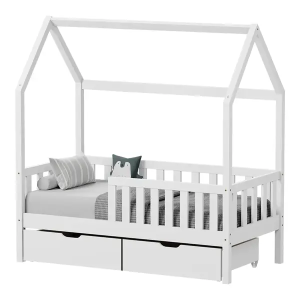 Pat pentru copii tip Montessori Bendina cu 2 sertare din lemn de pin Pakoworld alb 90x190cm Pattura de copii tip Montessori Bendina cu 2 sertare din lemn de pin pakoworld, alb, 90x190cm