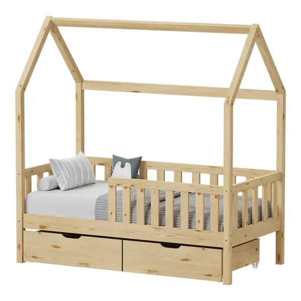Pat pentru copii tip Montessori Bendina cu 2 sertare Pakoworld lemn de pin natural 90x190cm Pattura de copii tip Montessori Bendina cu 2 sertare, pakoworld, lemn de pin natural, 90x190cm