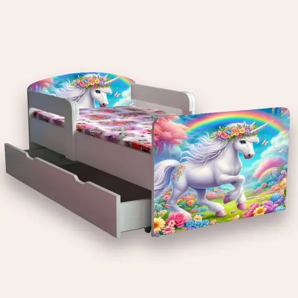 Pat pentru copii Unicorni varianta 2, cu manere si sertar, 2-12 ani, 160x80 cm