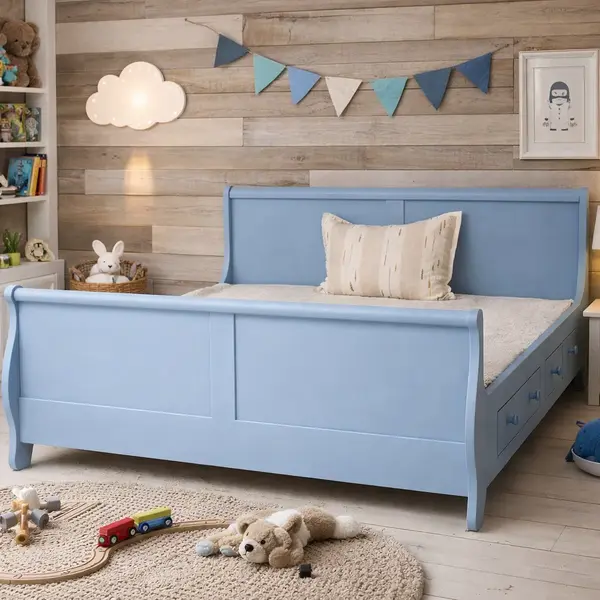 Pat Royal matrimonial cu 2 sertare - 160x200 cm - din lemn masiv de brad Baby blue