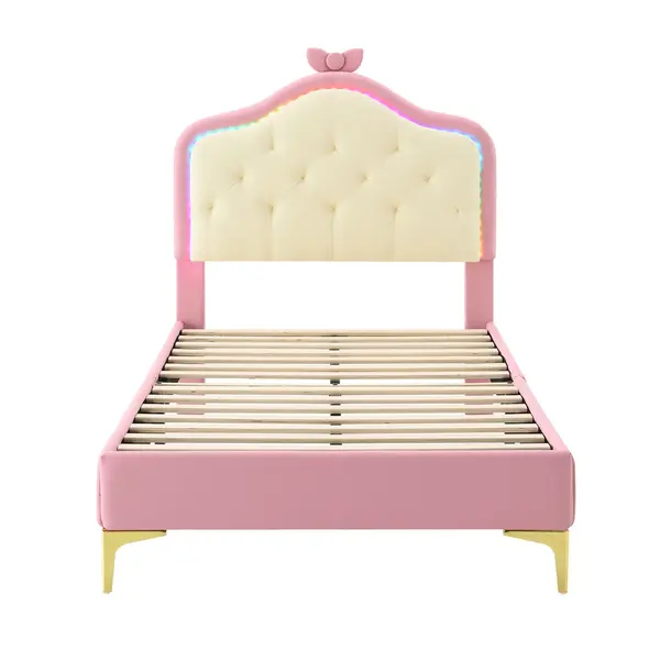 Pat tapițat cu bandă LED, tăblie cu fundă roz, tapițerie din PU, fără saltea, 90×200 cm, Alb+Roz