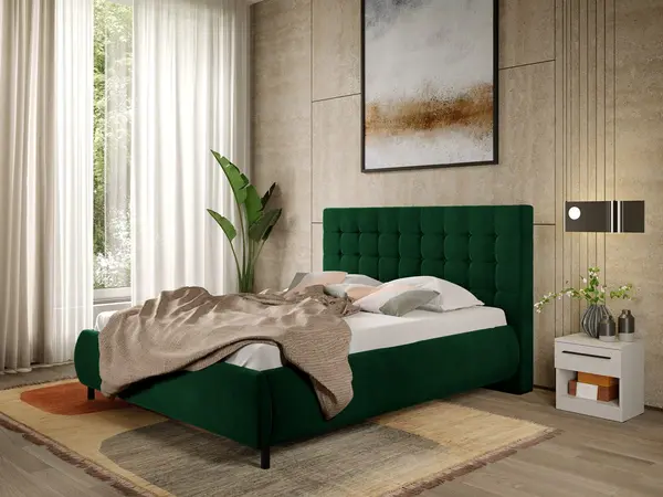 Pat Tapitat cu somiera fixa - Catifea Verde - Velvet 180x200