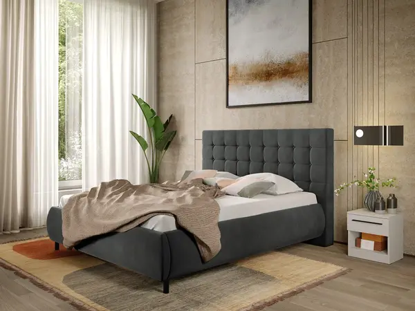 Pat Tapitat cu somiera fixa - Gri Inchis - Velvet 160x200