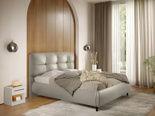 Pat Tapitat cu somiera fixa - Piele Crem - Ramses 140x200
