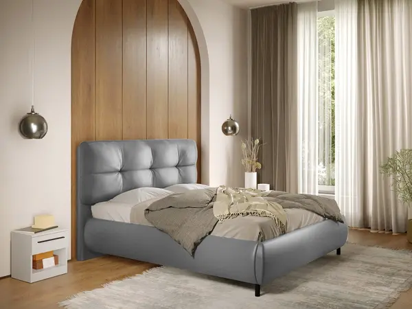 Pat Tapitat cu somiera fixa - Piele Gri - Ramses 140x200