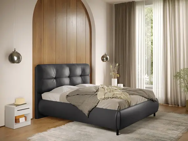 Pat Tapitat cu somiera fixa - Piele Neagra - Ramses 160x200