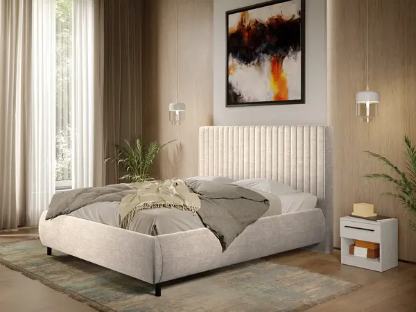 Pat Tapitat cu somiera fixa - Stofa Bej - Line 140x200