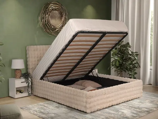 Pat Tapitat cu somiera rabatabila - Blănița Bej - Cat 160x200