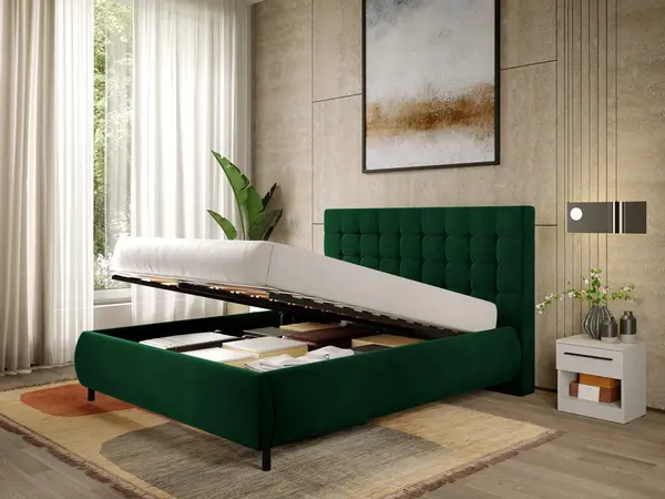 Pat Tapitat cu somiera rabatabila - Catifea Verde - Velvet 180x200