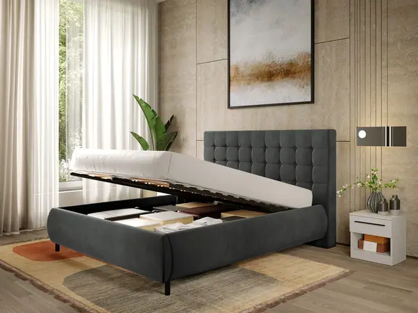 Pat Tapitat cu somiera rabatabila - Gri Inchis - Velvet 160x200