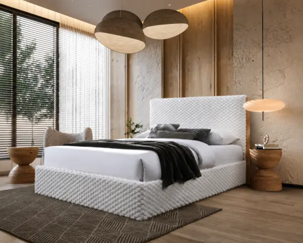 Pat Tapitat Nordic Cu Stofa Bucla Cu Somiera Metalica Rabatabila Si Spatiu De Depozitare Culoare Bej 160x200 cm