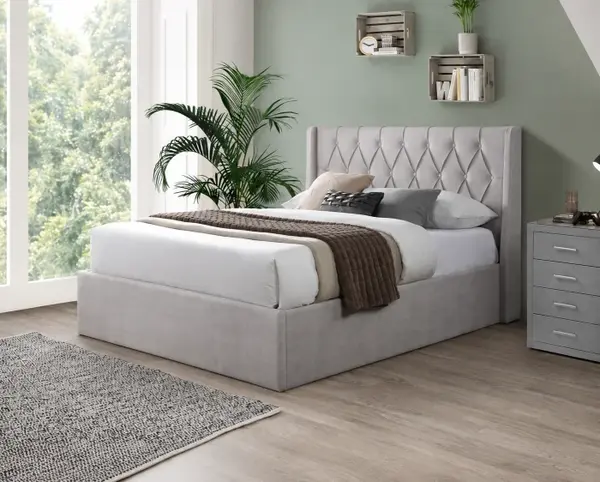 Pat tapitat Prestige 1 Crem cu somiera metalica rabatabila si spatiu de depozitare 160x200 cm