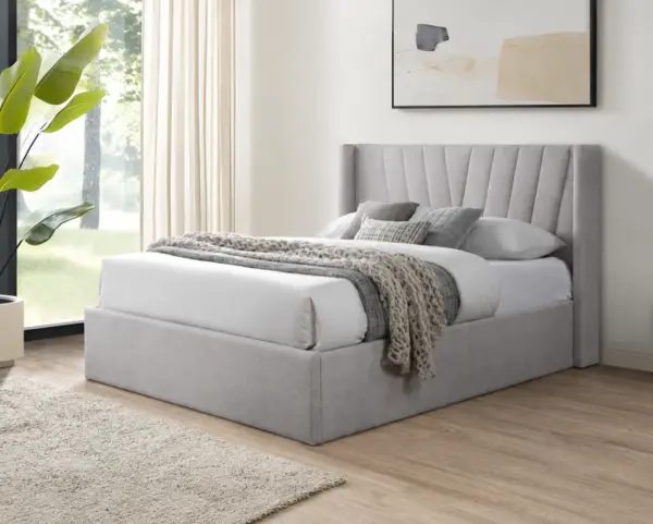Pat tapitat Prestige 2 Crem cu somiera metalica rabatabila si spatiu de depozitare 160x200 cm