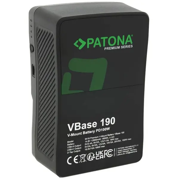 Patona Batrie Reincarcabila V-Mount, 190W, Patrona Premium Battery VBase, 190 PD100W 190Wh USB-C D-Tap, Negru