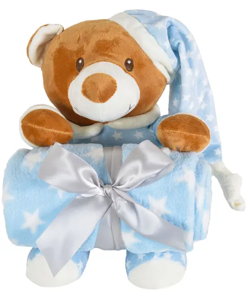 Pătură pentru copii cu jucărie moale Cangaroo - Addie Bear, 90 х 75 cm, albastru