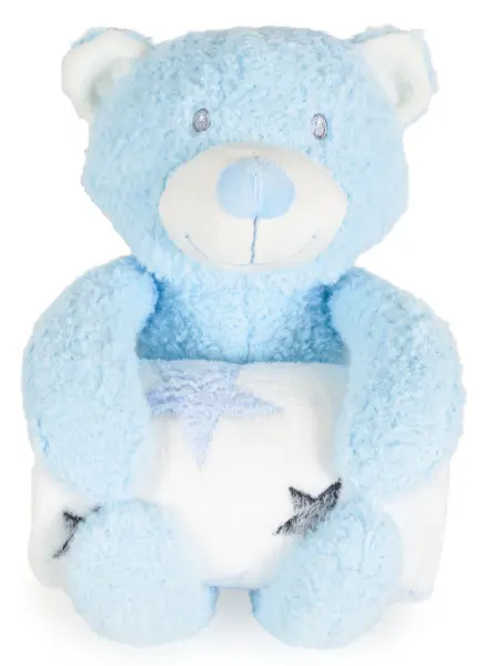 Pătură pentru copii cu jucărie moale Cangaroo - Rory Bear, 90 х 75 cm, albastru