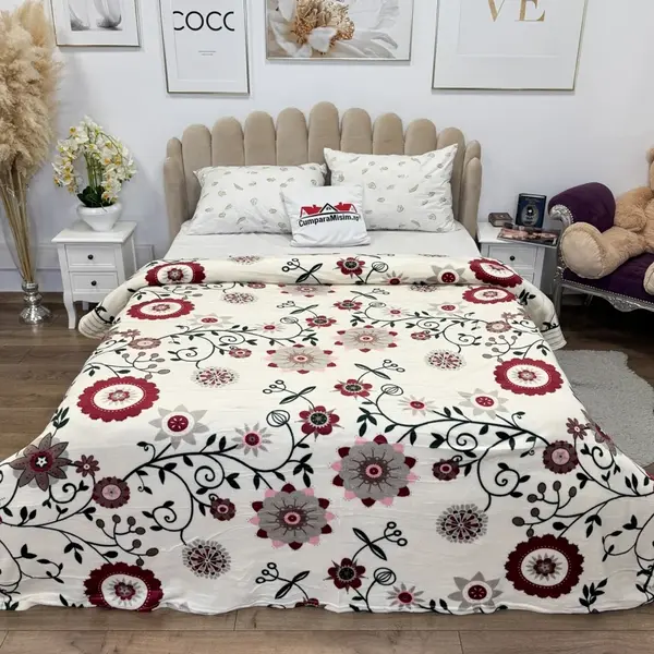 Patura pufoasa cocolino 200x230cm, 240g/mp, Bej, Flori