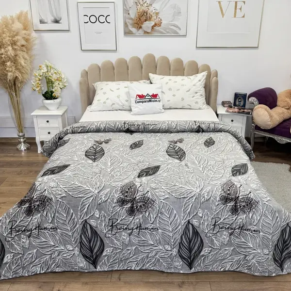 Patura pufoasa cocolino 200x230cm, 240g/mp, Gri, Frunze